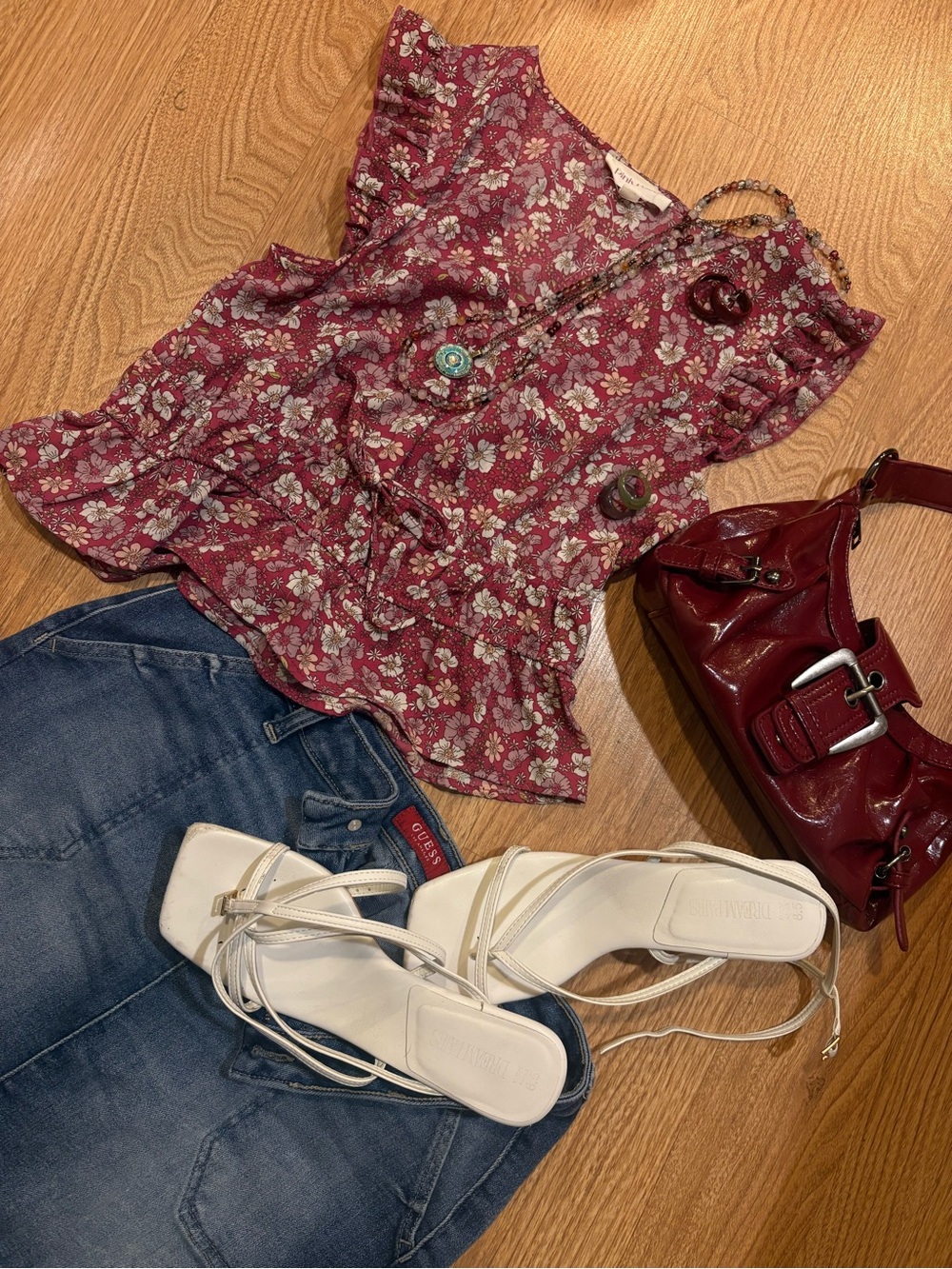 Pink Rose Burgundy Floral Ruffle Sleeve Blouse